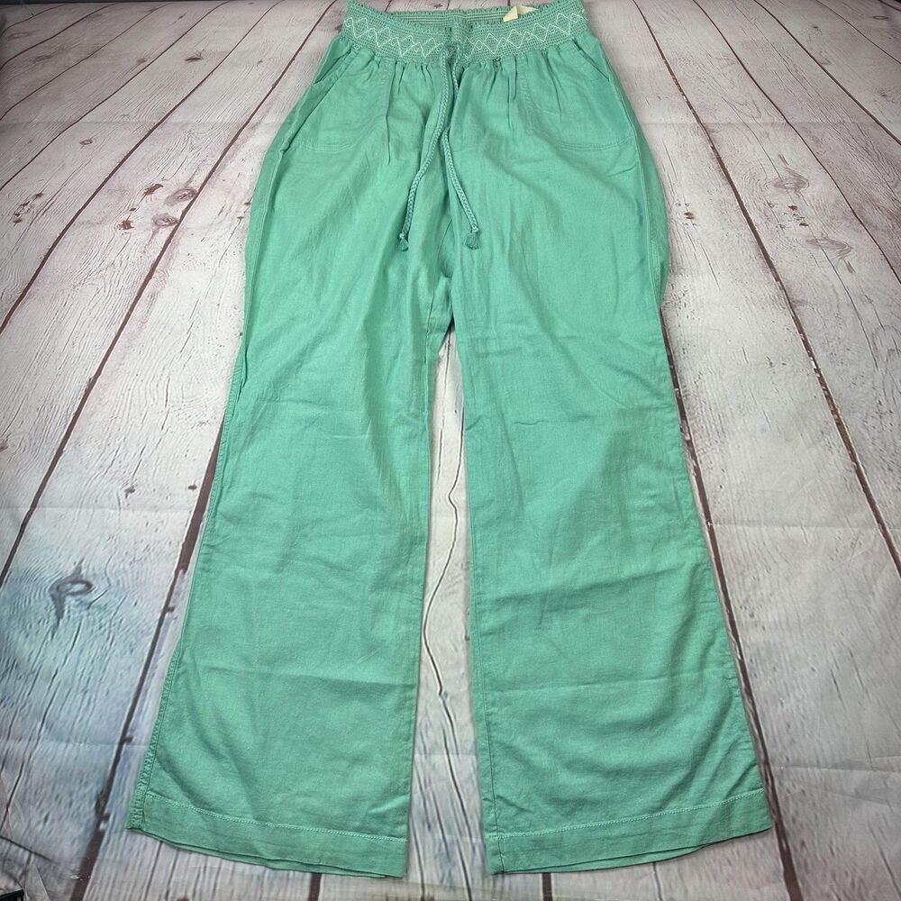 Kiss & Cry Linen Beach Pants Womens XL Green Wide Leg Smocked Waist Pull On